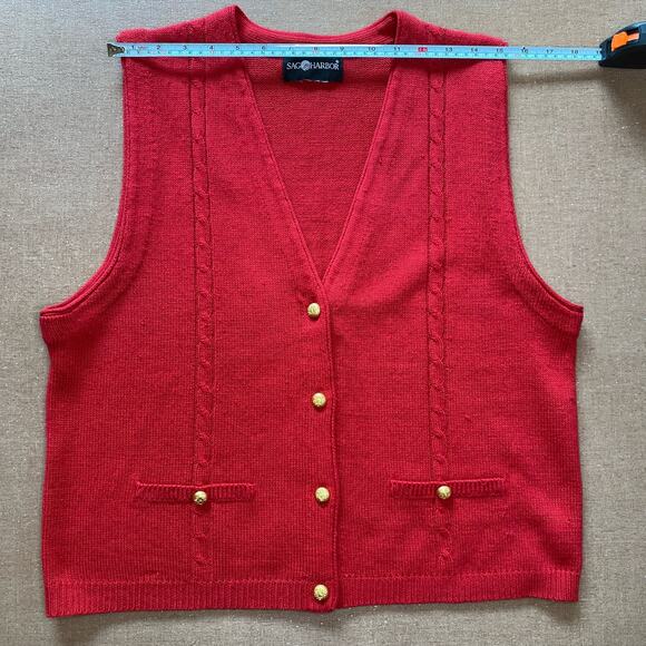 Sag Harbor Vintage Knit 90s Red Grandpacore Sweater Vest grandma gold button M - Picture 5 of 7